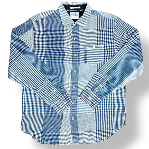 Tommy Bahama Men's L Blue Plaid Linen Patchwork Button Up Shirt Coastal Island - Picture 5 of 8